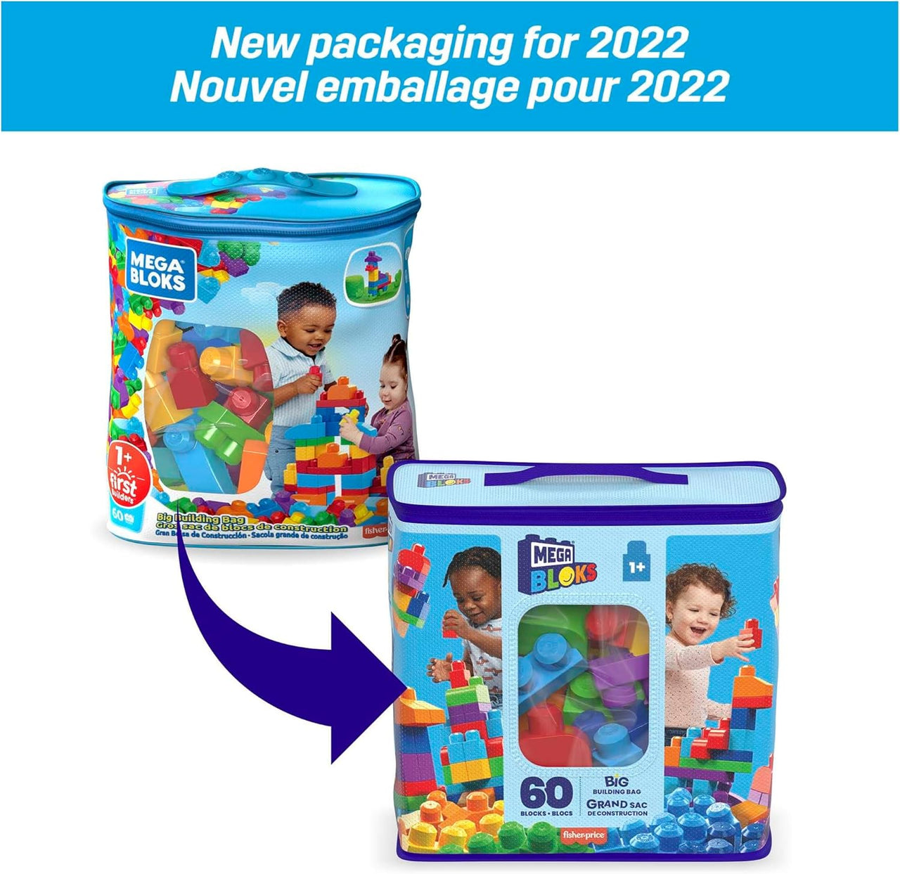 BLOKS Big Building Bag Building Set with 60 Big and Colorful Building Blocks, and 1 Storage Bag, Toy Gift Set for Ages 1 and Up, DCH55