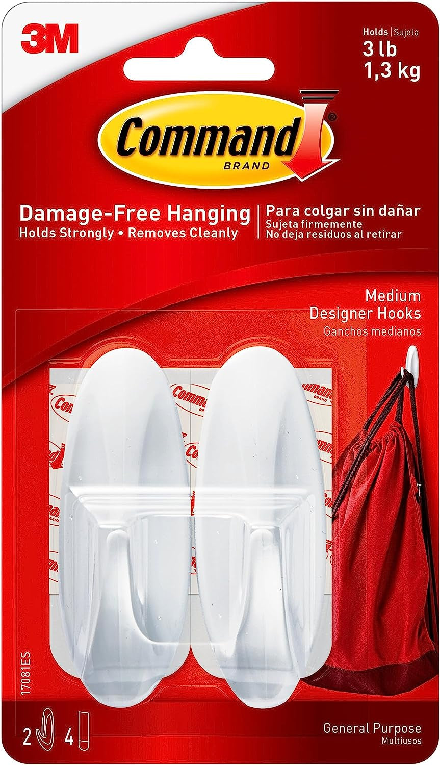 Medium Designer Hook, Pack of 2 Hooks and 4 Adhesive Strips, White - Damage Free Hanging - Holds up to 1.3Kg