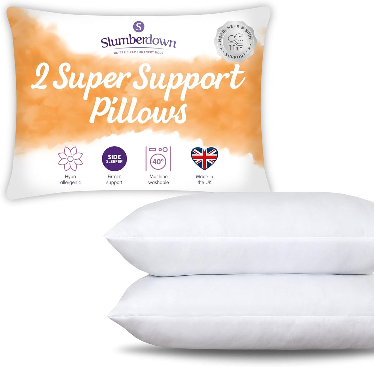 Pillows 2 Pack - Super Support Firm Side Sleeper Bed Pillows for Neck and Shoulder Pain Relief - Comfy & Supportive, Hypoallergenic, Made in the UK, Standard Size (48Cm X 74Cm)