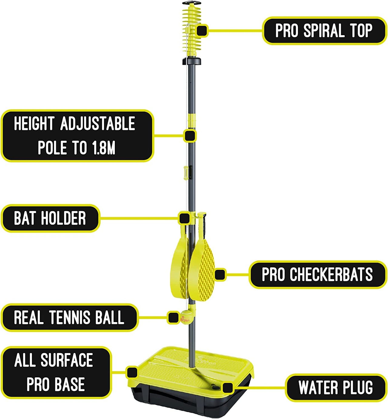 l PRO All Surface Tennis Ball Game Set, 'S Ultimate Outdoor Family Game for Ages 6+ to Adults, Real Tennis Ball and 2 Power Bats, Superior All Surface Base, Adjustable Height to 1.8M