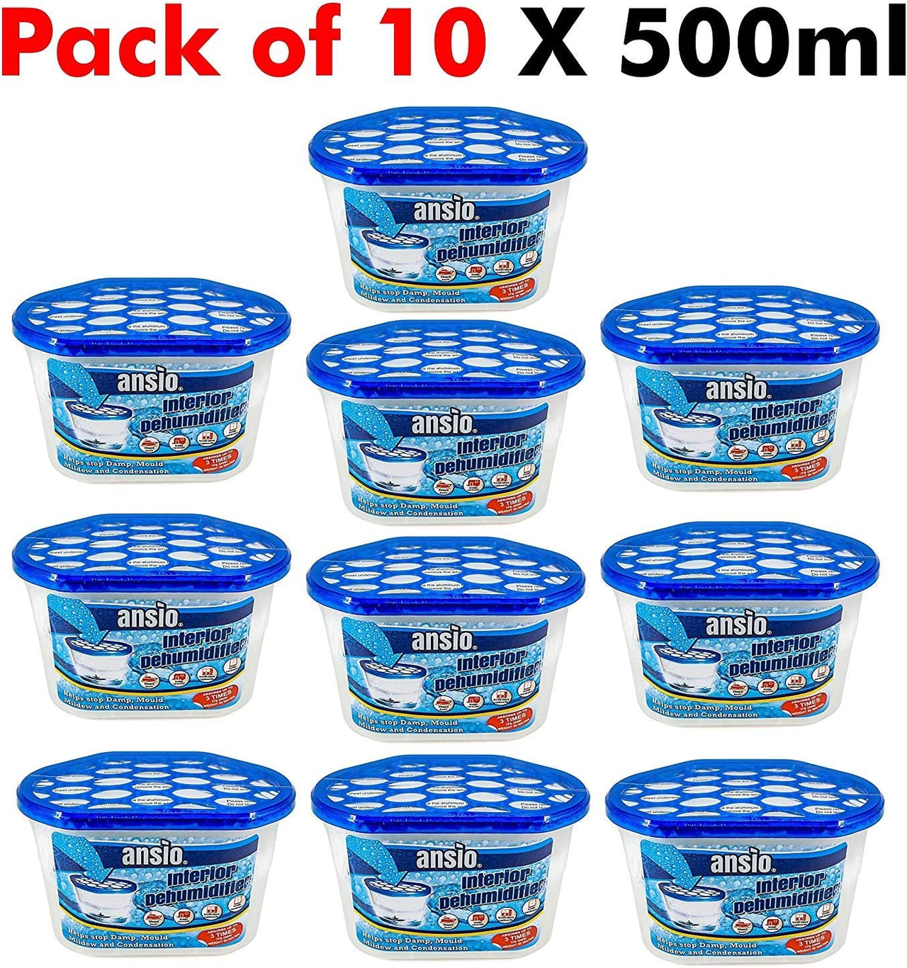 Dehumidifier 500Ml Pack of 10 Condensation Remover Moisture Absorber Dehumidifiers for Damp, Mould, Moisture in Home, Kitchen, Wardrobe, Bedroom, Caravan, Office, Garage, Bathroom, Basement