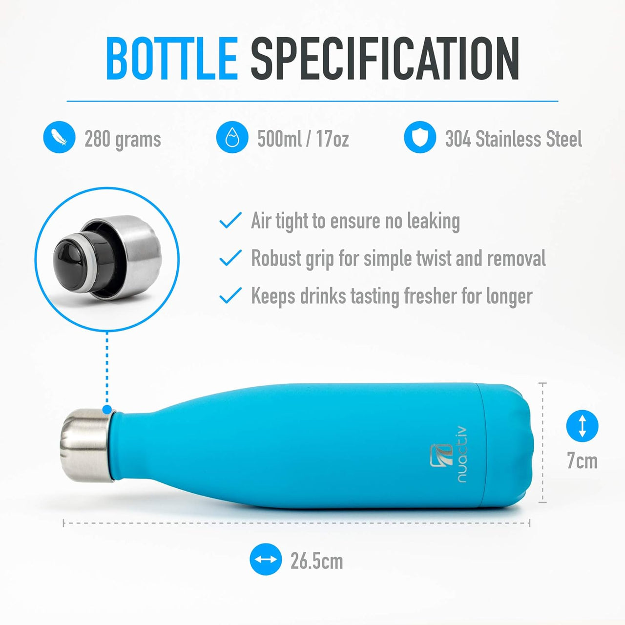 Stainless Steel Insulated Water Bottle, Vacuum Flask BPA Free, 12Hrs Hot & 24Hrs Cold Drinks, Thermal Metal Sports Bottles 500Ml, Leakproof Double Wall Drinking for Kids, Gym, Running, Travel