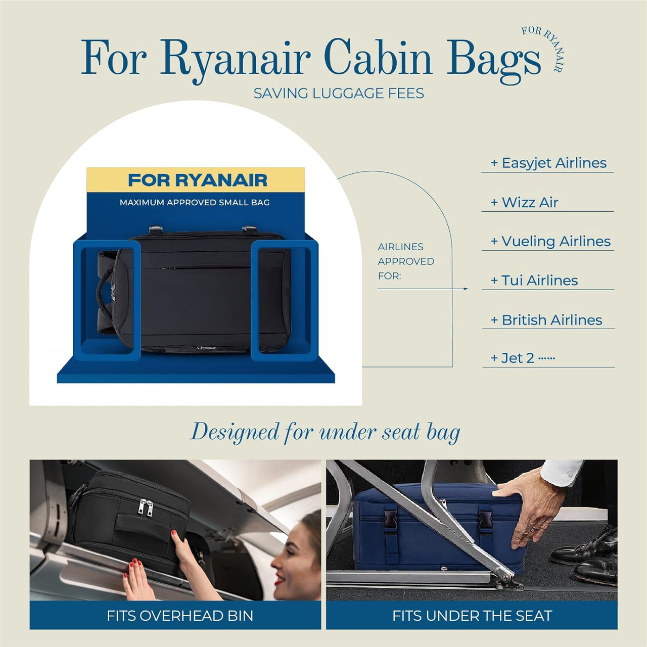 Cabin Bags 40X20X25 Underseat for Ryanair, Carry on Travel Backpack Cabin Size Rucksack Hand Luggage Bag Backpack Casual Daypack School Bag Fit 14 Inch Laptop with Cable Hole