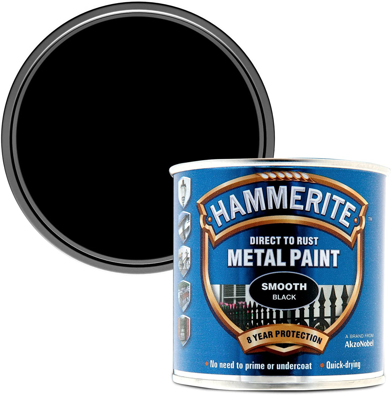 Paint Direct to Rust Exterior Gloss Black Metal Paint, Smooth Finish. Corrosion Resistant Black Gloss Paint and Rust Remover, 8 Year Protection - 250Ml Tin 1.25 Sqm Coverage