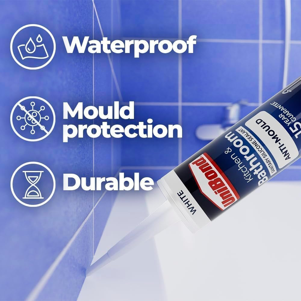 Anti-Mould White, Waterproof Mould Protection Kitchen & Bathroom Sealant, Long-Lasting White Silicone Sealant, Powerful Shower Sealant, 1 X 274G Cartridge