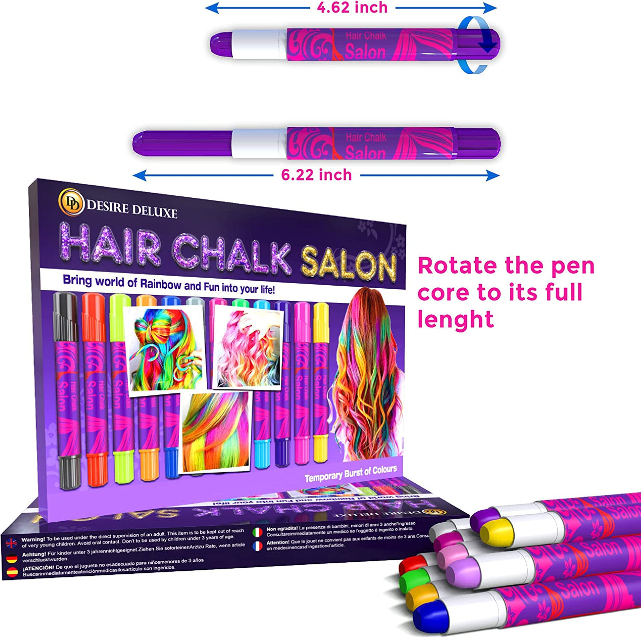 Hair Chalk Gift for Girls - 10 Temporary Non-Toxic Easy Washable Hair Dye Colourful, Metallic, Glitter Pens - Great Games Birthday Girls