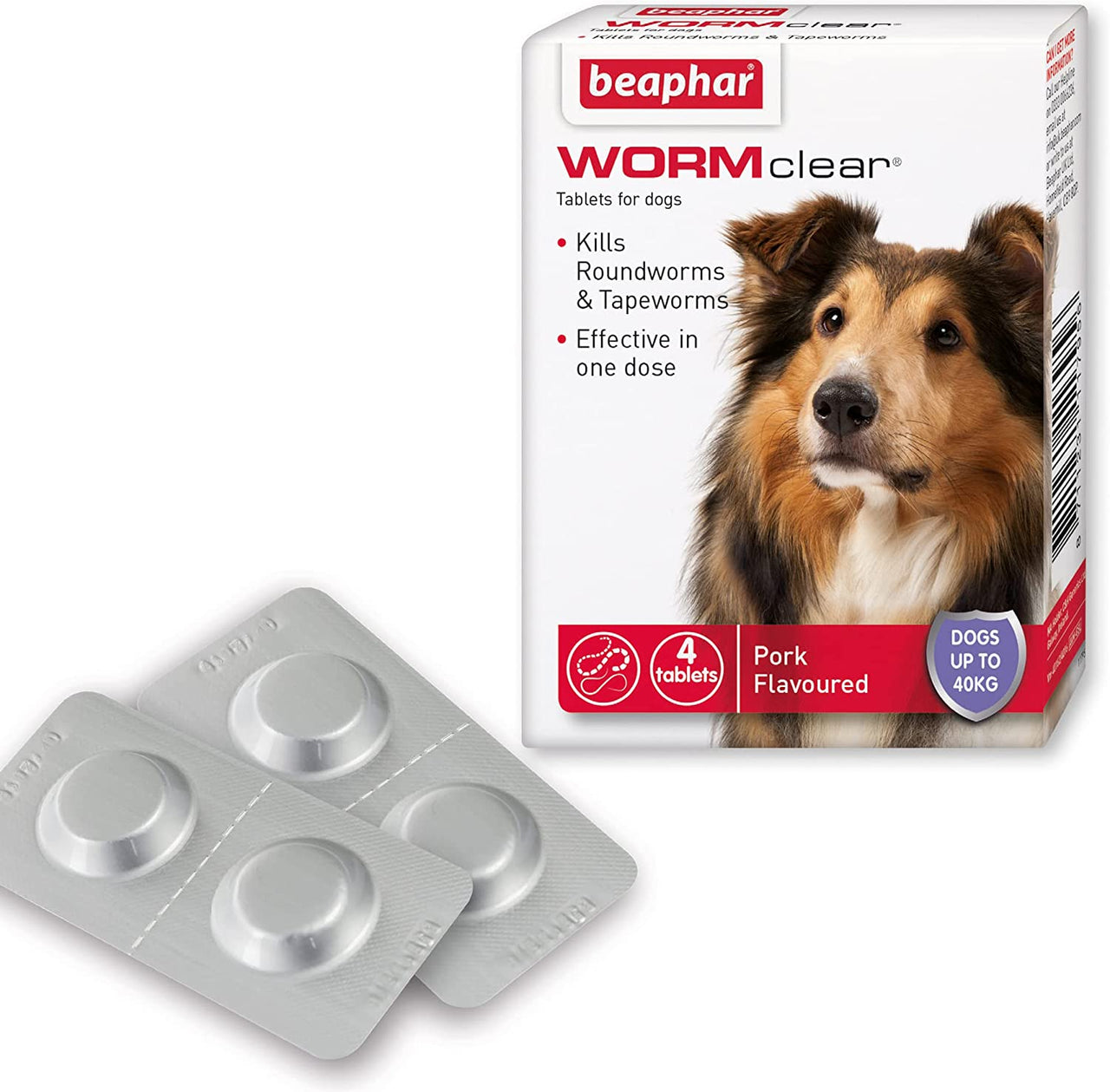 | Wormclear® Tablets for Dogs up to 40Kg | Kills All Common UK Intestinal Worms (Roundworms & Tapeworms) | Vet Strength Treatment | Pork-Flavoured | 4 Tablets