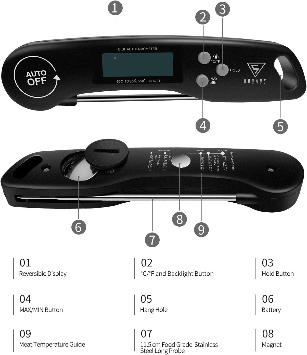 Digital Meat Thermometer, Instant Read Food Thermometer with Backlight LCD Screen, Foldable Long Probe & Auto On/Off, Perfect for Kitchen, BBQ, Water,Meat, Milk, Cooking Food (Black)