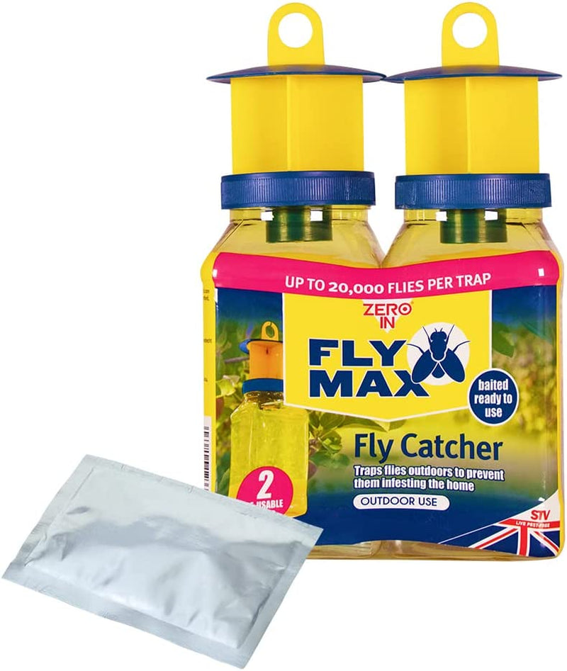 Fly Max Re-Usable Fly Catcher – Twinpack Effective Fly Trap, Refillable Insect Attractant for Outdoor Use Covers up to 10M Radius, Yellow