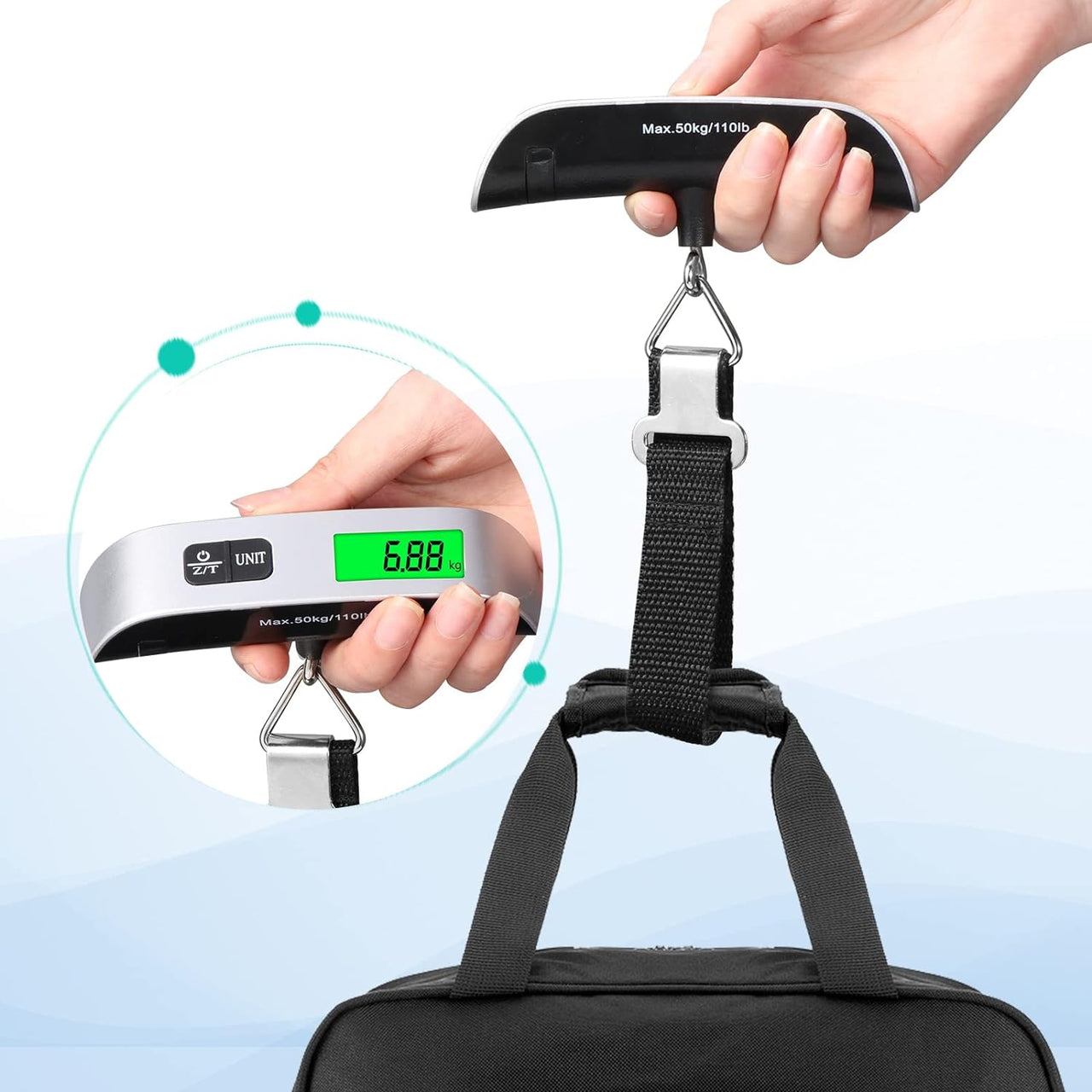 Digital Luggage Scale, Portable Luggage Weight Scale, Hanging Suitcase Weigher for Travel, Suitcase Scale with Temperature Measurement Function 110 Lb/ 50KG Capacity Grey