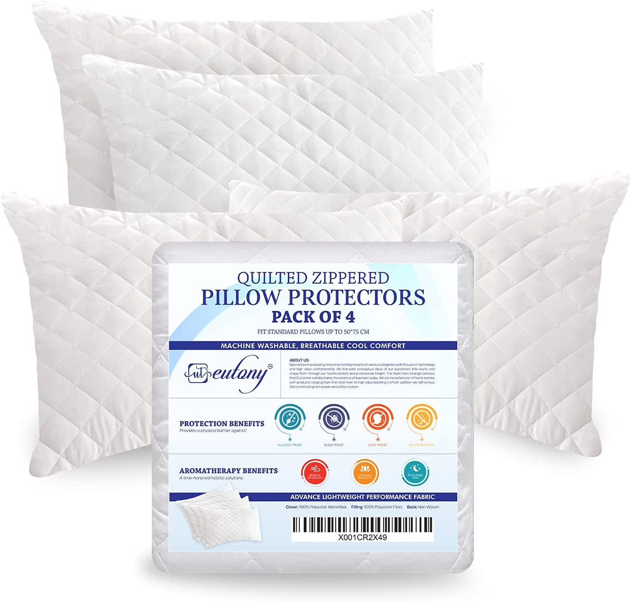 Pillow Protectors 4 Pack Quilted Zipped - Ultra Luxe Zipped Pillow Protectors, Quilted Pillow Protectors, Soft & Breathable Microfiber Pillowcase Protectors, Hypoallergenic 50 X 75Cm - White