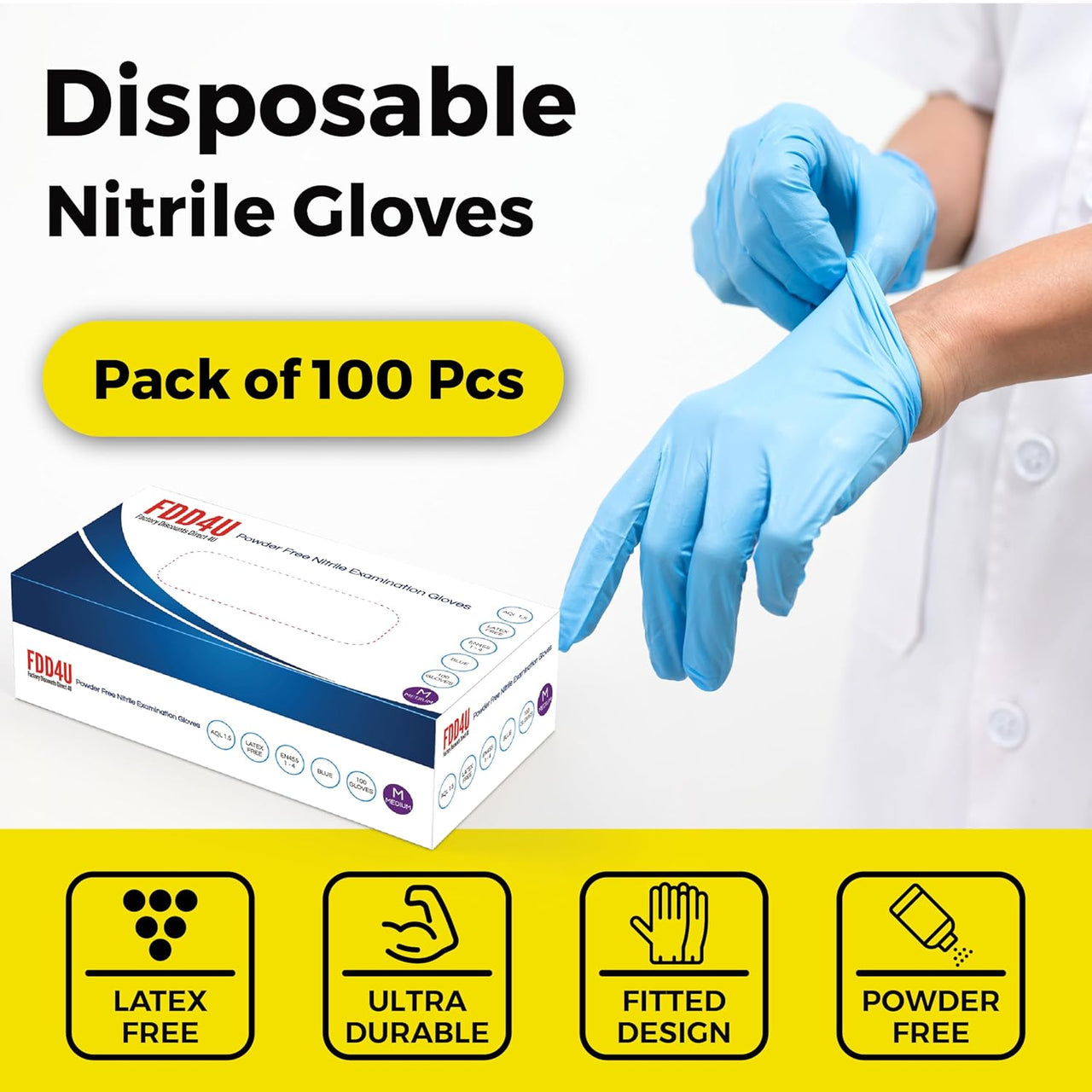 Disposable Nitrile Gloves, Powder Free, Blue, Size M (Pack of 100 Pieces)