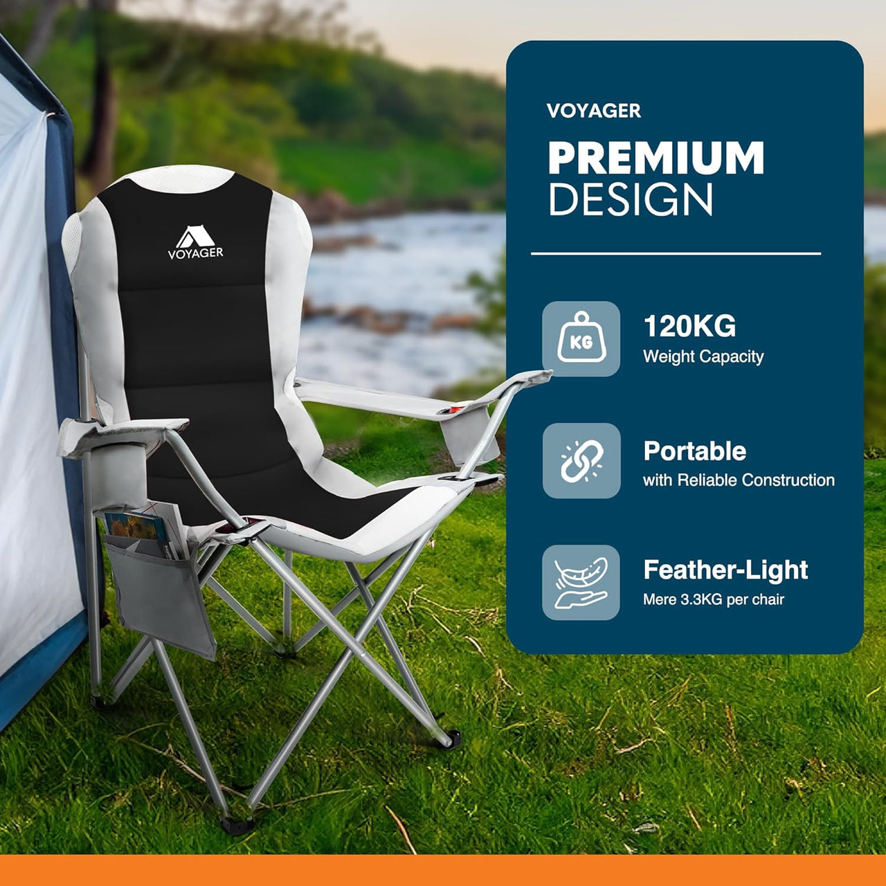 2 Pack Outdoor Camping Chair Set,120Kg Capacity, 3.3Kg per Chair, Waterproof Folding Chairs with Cup Holder & Side Pockets, Portable Chair for Garden, Fishing, Picnic Camping & Travel Comfort