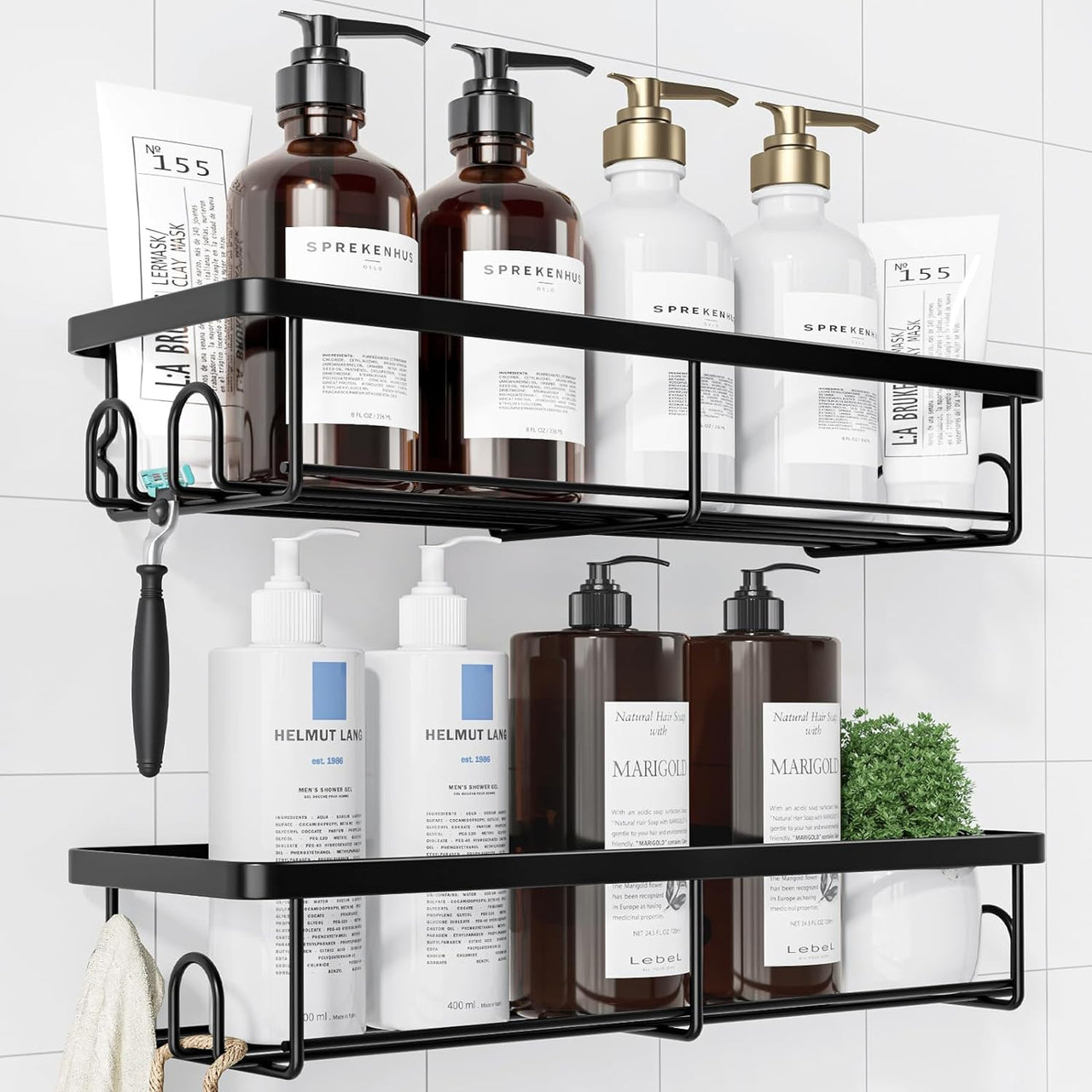 Shower Caddy - 2 Pack Rustproof Shower Organizer, Drill-Free & Quick-Dry Shower Shelves for inside Shower with Large Capacity, Durable Stainless Steel Shower Rack with 4 Hooks, Black