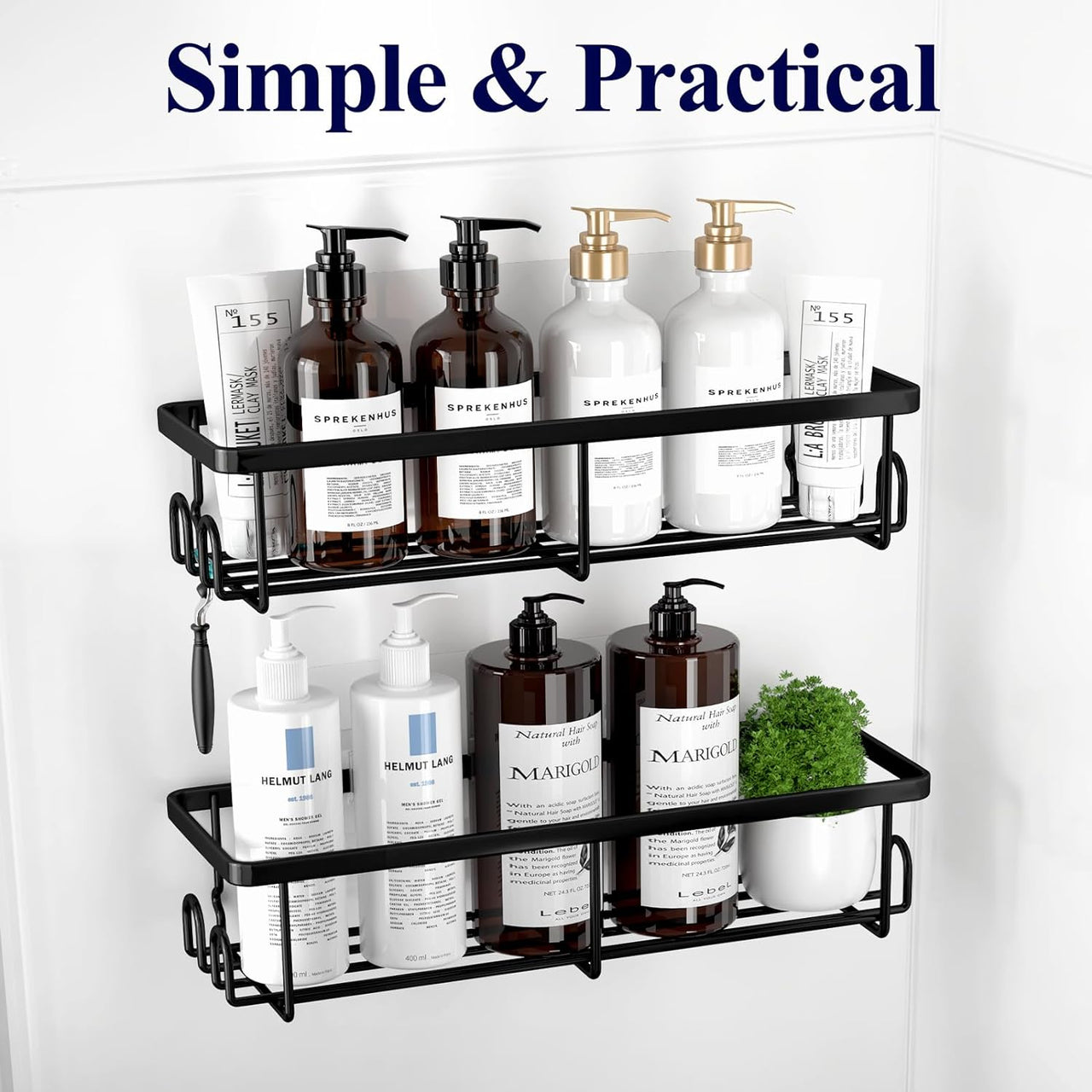 Shower Caddy - 2 Pack Rustproof Shower Organizer, Drill-Free & Quick-Dry Shower Shelves for inside Shower with Large Capacity, Durable Stainless Steel Shower Rack with 4 Hooks, Black