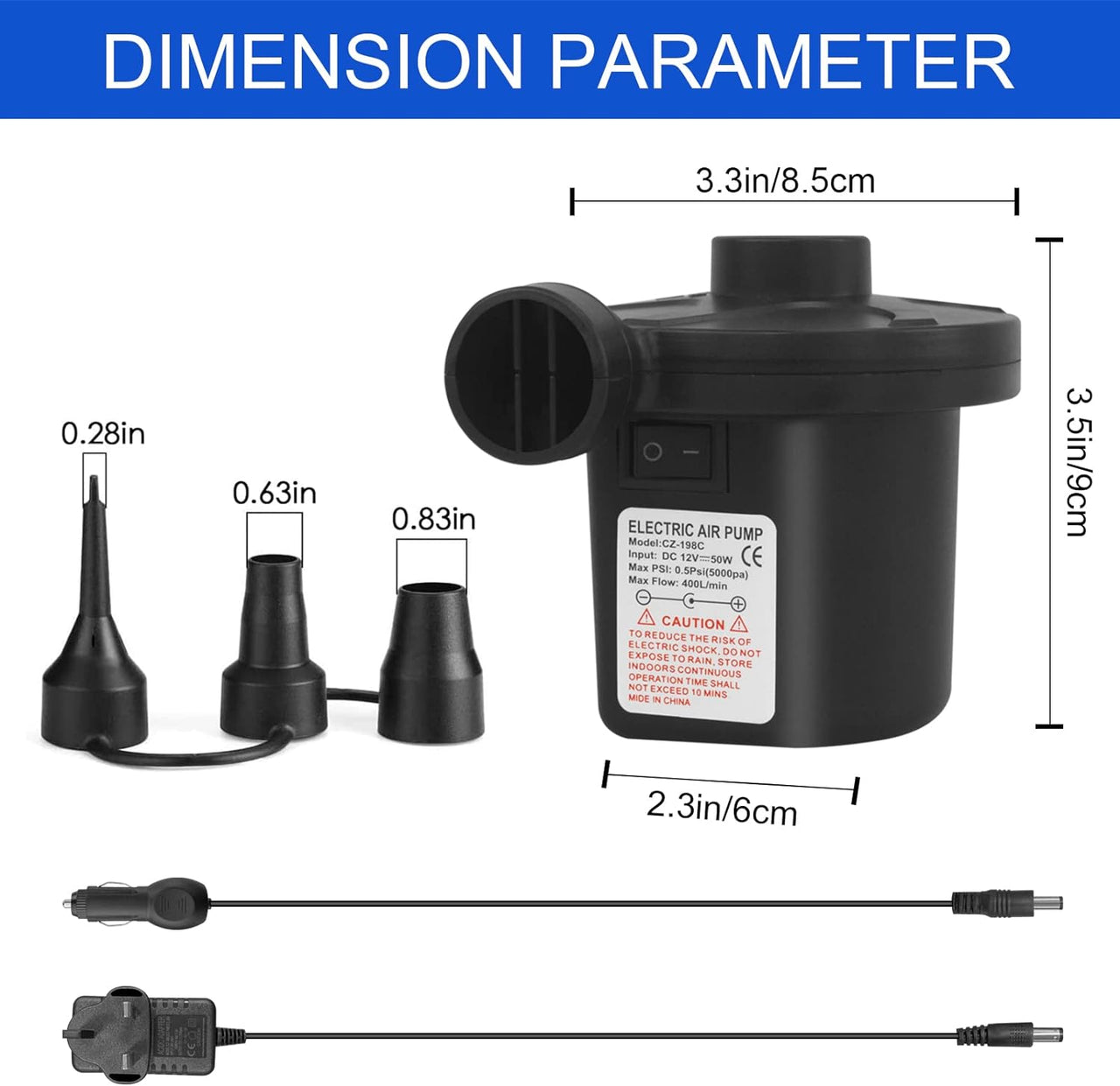 Electric Pump for Inflatables with 3 Nozzles, AC 240V/DC 12V 50W High Power Electric Air Pump for Air Bed Mattress Inflatables Paddling Pool Beach Toys, Fill Inflator Deflator