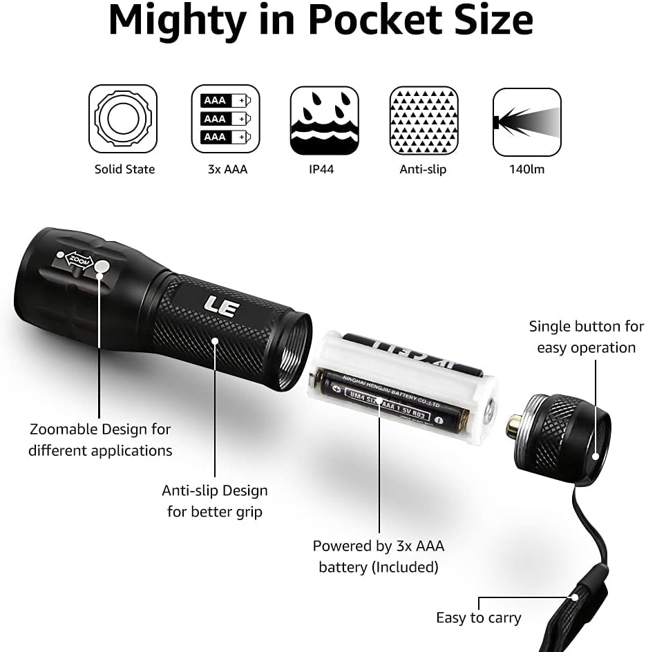 LE LED Torch Battery Powered, LE1000 Super Bright Hand Flashlight, Adjustable Focus, Water Resistant, Lightweight, for Power Cut, Camping, Dog Walking, Easy to Use Small Torch for Elderly Kids Men