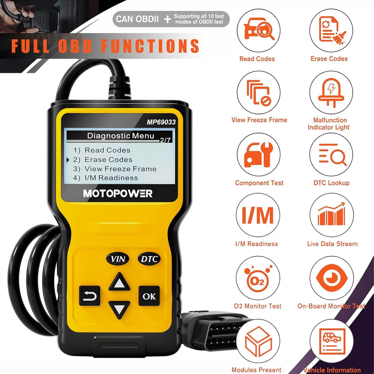 MP69033 OBD2 Scanner Universal Car Engine Fault Code Reader, CAN Diagnostic Scan Tool for All OBD II Protocol Cars