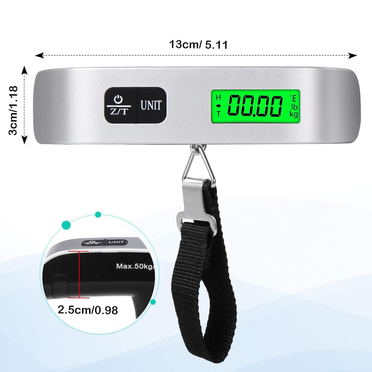 Digital Luggage Scale, Portable Luggage Weight Scale, Hanging Suitcase Weigher for Travel, Suitcase Scale with Temperature Measurement Function 110 Lb/ 50KG Capacity Grey