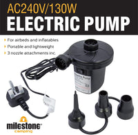 Thumbnail for Milestone Electric Air Pump High Power | British Brand & Safety Certificates | Airbeds Inflatable Mattresses Paddling Pools Balls | 3 Nozzles