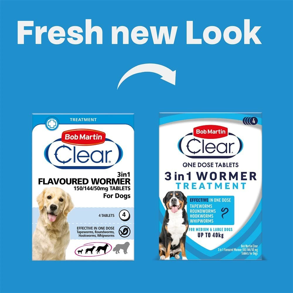 Clear 3-In-1 Wormer for Dogs (4 Tablets) - for Small, Medium and Large Dogs up to 40Kg, Clinically Proven Treatment