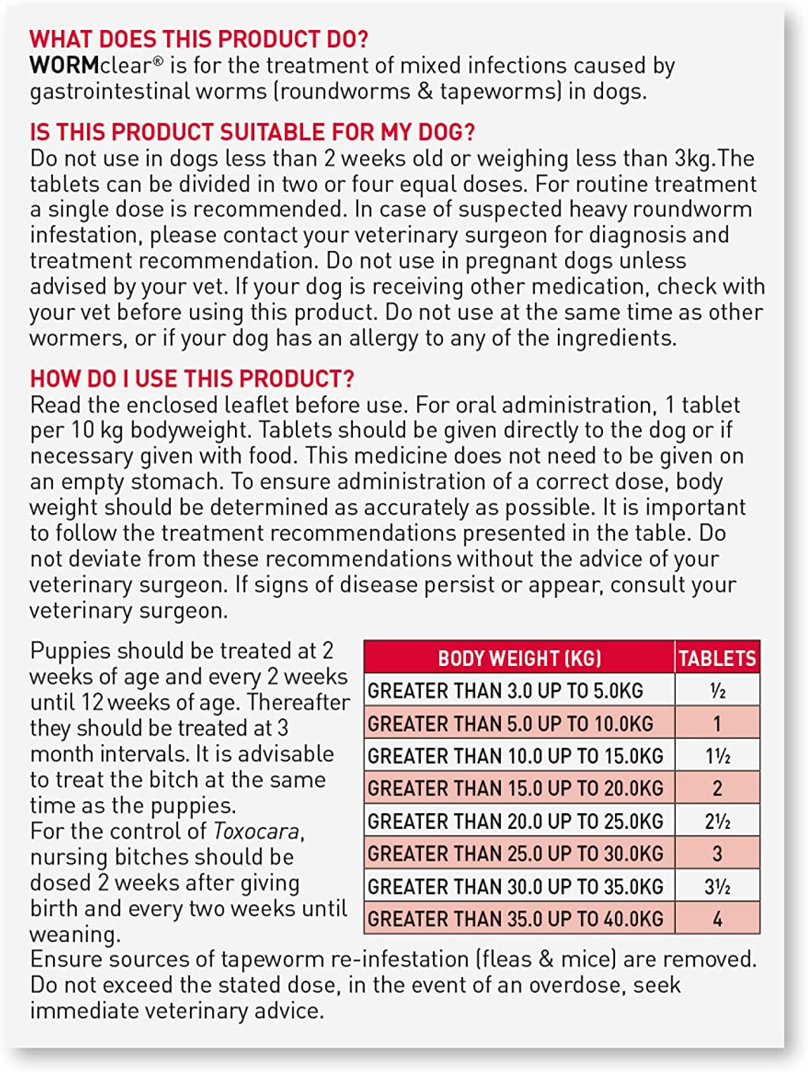 | Wormclear® Tablets for Dogs up to 40Kg | Kills All Common UK Intestinal Worms (Roundworms & Tapeworms) | Vet Strength Treatment | Pork-Flavoured | 4 Tablets