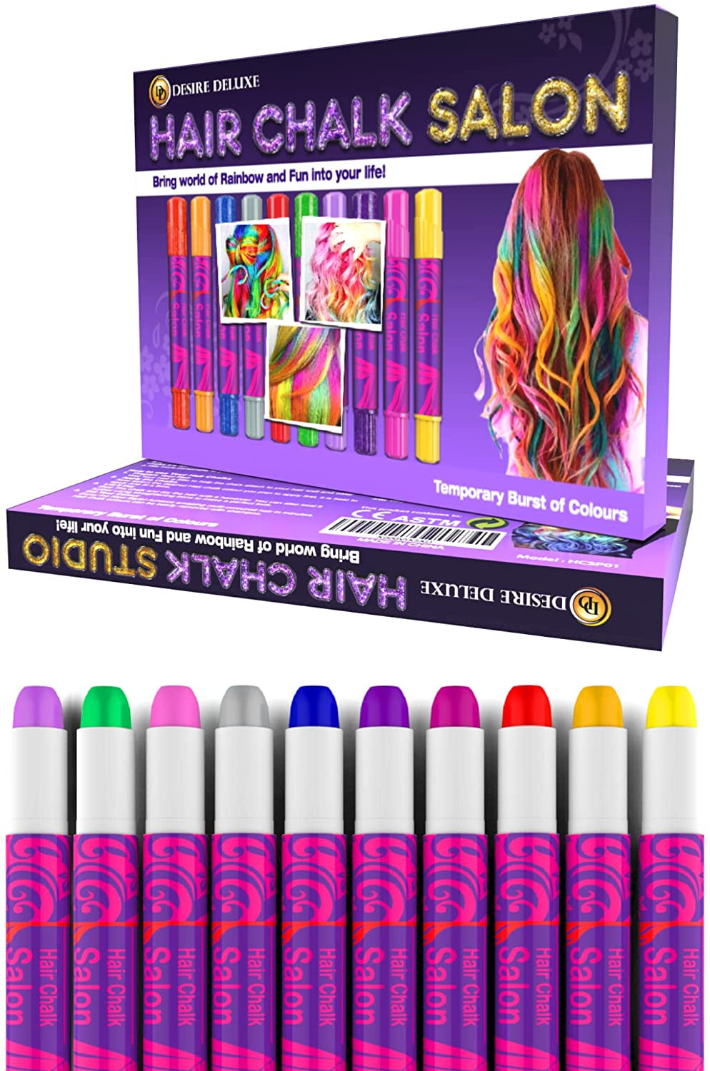 Hair Chalk Gift for Girls - 10 Temporary Non-Toxic Easy Washable Hair Dye Colourful, Metallic, Glitter Pens - Great Games Birthday Girls