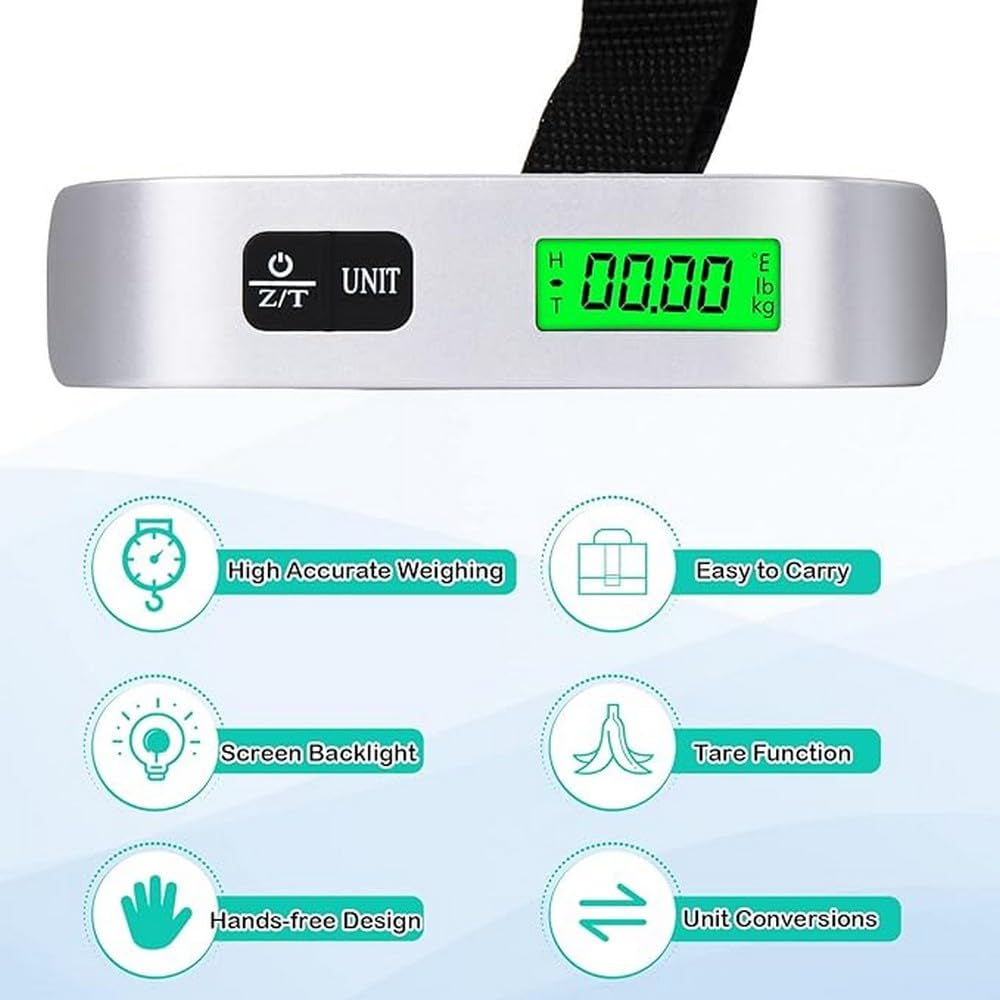 Digital Luggage Scale, Portable Luggage Weight Scale, Hanging Suitcase Weigher for Travel, Suitcase Scale with Temperature Measurement Function 110 Lb/ 50KG Capacity Grey