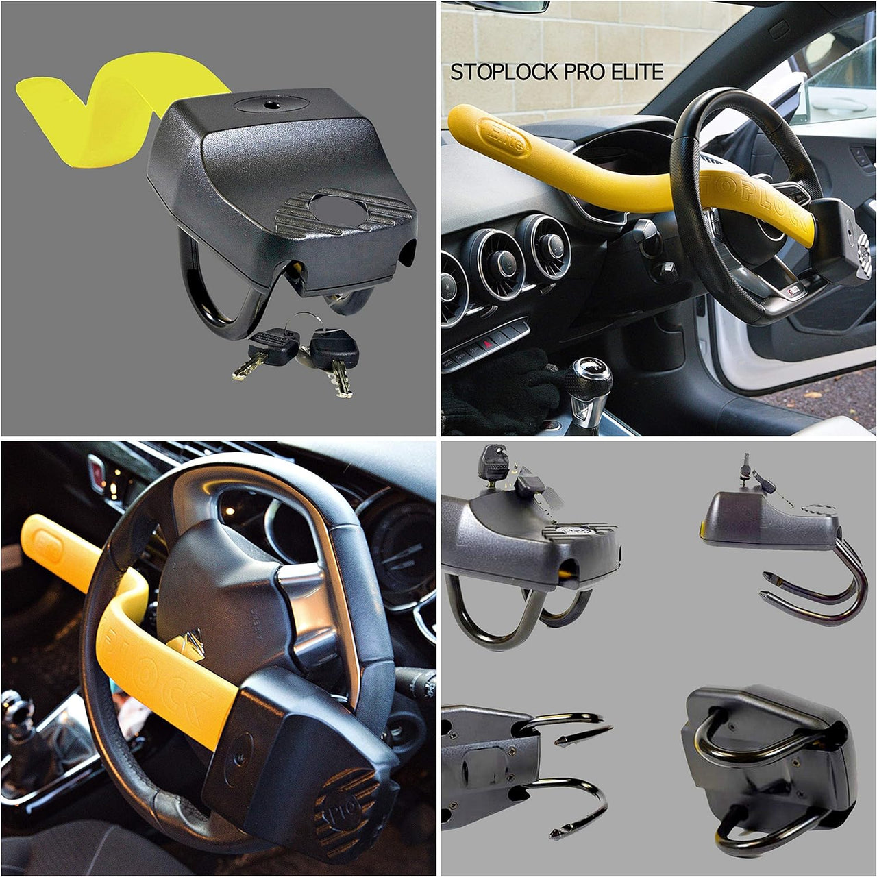 Pro Elite Car Steering Wheel Lock HG 150-00 - Safe Secure Heavy Duty Anti-Theft Bar - Universal Fit - Includes 2 Keys and Carry Bag, Black/Yellow, 1 Unit