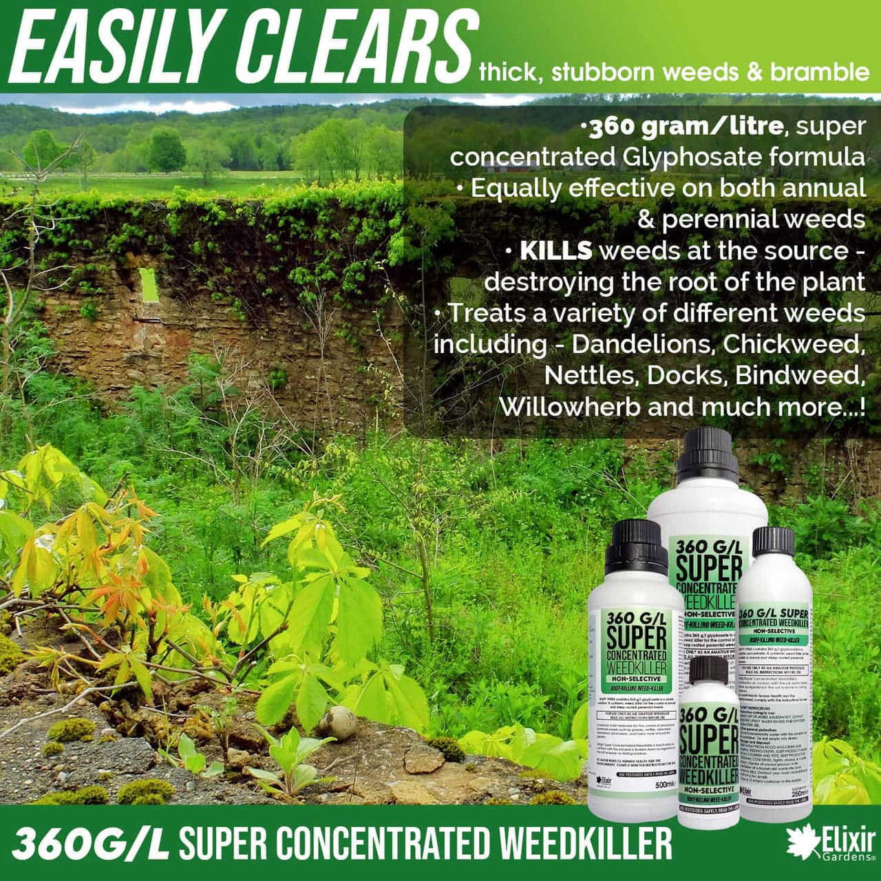 360 G/L Glyphosate Commercial Industrial Strength Weed Killer | Treats up to 3332 Sq.M | Concentrated Herbicide/Weedkiller | 2 X 1 Litre Bottle + Measuring Cup & Gloves