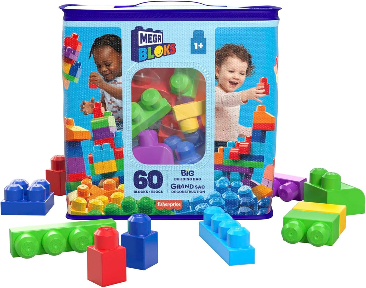 BLOKS Big Building Bag Building Set with 60 Big and Colorful Building Blocks, and 1 Storage Bag, Toy Gift Set for Ages 1 and Up, DCH55